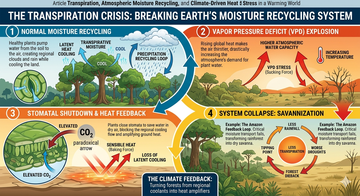 Transpiration, Atmospheric Moisture Recycling, and Climate-Driven Heat Stress