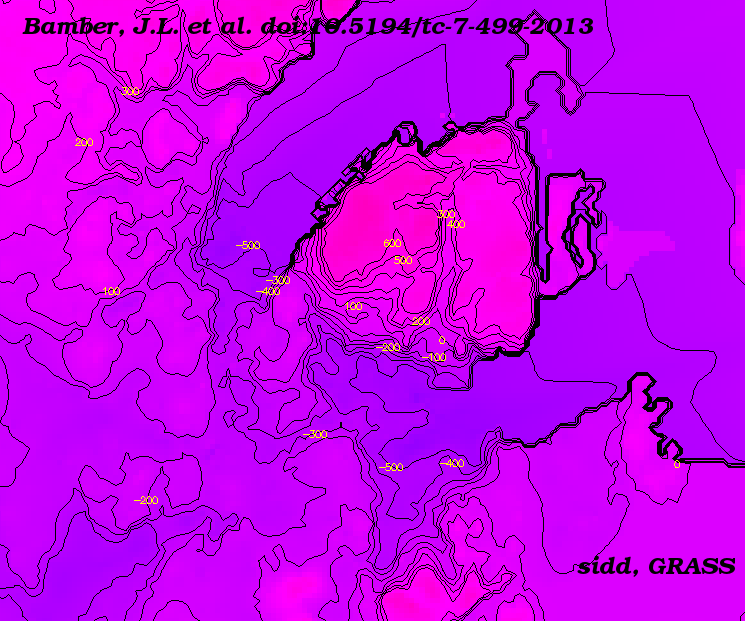 Contours of bedrock below
Nioghalvfjerdsfjorden and Zachariae Isstrom.